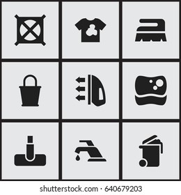 Set Of 9 Editable Cleaning Icons. Includes Symbols Such As Container, Faucet, No Laundry And More. Can Be Used For Web, Mobile, UI And Infographic Design.