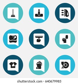Set Of 9 Editable Cleaning Icons. Includes Symbols Such As Whisk, Unclean Blouse, Washing Tool And More. Can Be Used For Web, Mobile, UI And Infographic Design.