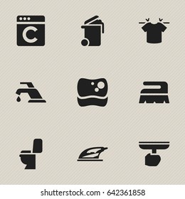 Set Of 9 Editable Cleaning Icons. Includes Symbols Such As Restroom, Washing Tool, Faucet And More. Can Be Used For Web, Mobile, UI And Infographic Design.