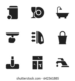Set Of 9 Editable Cleaning Icons. Includes Symbols Such As Bathroom, Hoover, Pail And More. Can Be Used For Web, Mobile, UI And Infographic Design.