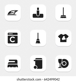 Set Of 9 Editable Cleaning Icons. Includes Symbols Such As Broomstick, Dustbin, Plate And More. Can Be Used For Web, Mobile, UI And Infographic Design.