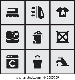 Set Of 9 Editable Cleaning Icons. Includes Symbols Such As No Laundry, Container, Faucet And More. Can Be Used For Web, Mobile, UI And Infographic Design.