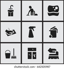 Set Of 9 Editable Cleaning Icons. Includes Symbols Such As Towel, Scrub, Container And More. Can Be Used For Web, Mobile, UI And Infographic Design.