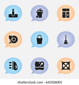 Set Of 9 Editable Cleaning Icons. Includes Symbols Such As Container, Washing Tool, Plate And More. Can Be Used For Web, Mobile, UI And Infographic Design.