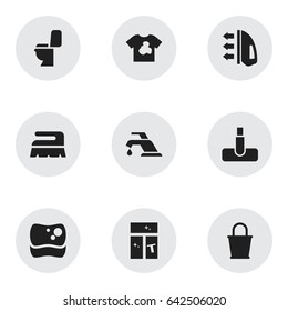 Set Of 9 Editable Cleaning Icons. Includes Symbols Such As Restroom, Washing Tool, Washing Glass And More. Can Be Used For Web, Mobile, UI And Infographic Design.