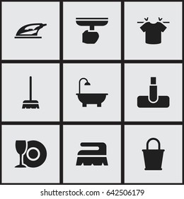 Set Of 9 Editable Cleaning Icons. Includes Symbols Such As Whisk, Clean T-Shirt, Hoover And More. Can Be Used For Web, Mobile, UI And Infographic Design.