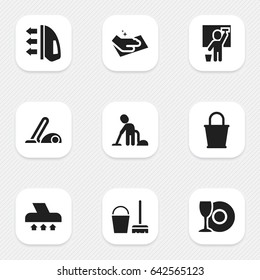 Set Of 9 Editable Cleaning Icons. Includes Symbols Such As Plate, Vacuum Cleaner, Steam And More. Can Be Used For Web, Mobile, UI And Infographic Design.