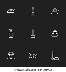 Set Of 9 Editable Cleaning Icons. Includes Symbols Such As Maid, Sweeping Tools, Fluid Soap And More. Can Be Used For Web, Mobile, UI And Infographic Design.