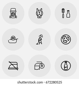 Set Of 9 Editable Cleaning Icons. Includes Symbols Such As Badge, Laundry Pin, Ecology And More. Can Be Used For Web, Mobile, UI And Infographic Design.
