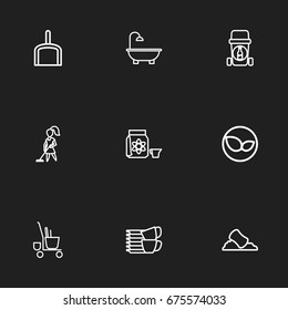 Set Of 9 Editable Cleaning Icons. Includes Symbols Such As Scoop, Dangerous Reagent, Tidy And More. Can Be Used For Web, Mobile, UI And Infographic Design.
