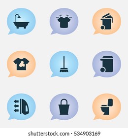 Set Of 9 Editable Cleanup Icons. Includes Symbols Such As Clean T-Shirt, Unclean Blouse, Dustbin And More. Can Be Used For Web, Mobile, UI And Infographic Design.