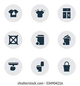 Set Of 9 Editable Cleanup Icons. Includes Symbols Such As Container, Pail, Clean T-Shirt And More. Can Be Used For Web, Mobile, UI And Infographic Design.