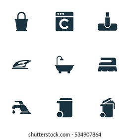 Set Of 9 Editable Cleanup Icons. Includes Symbols Such As Bathroom, Sweep, Container And More. Can Be Used For Web, Mobile, UI And Infographic Design.