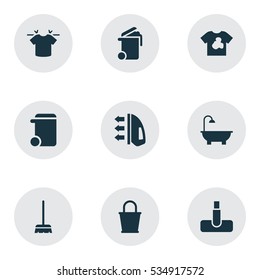 Conjunto De 9 Iconos De Limpieza Editables. Incluye Símbolos Como Pantalones-T Limpio, Vapor, Whisk Y Más. Se Puede Usar Para Diseño Web, Móvil, UI E Infográfico.