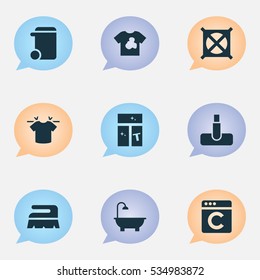 Set Of 9 Editable Cleanup Icons. Includes Symbols Such As Sweep, Clean T-Shirt, No Laundry And More. Can Be Used For Web, Mobile, UI And Infographic Design.