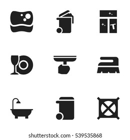 Set Of 9 Editable Cleanup Icons. Includes Symbols Such As Dustbin, Washing Glass, Container And More. Can Be Used For Web, Mobile, UI And Infographic Design.