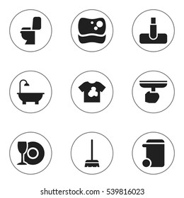 Set Of 9 Editable Cleanup Icons. Includes Symbols Such As Hoover, Restroom, Unclean Blouse And More. Can Be Used For Web, Mobile, UI And Infographic Design.