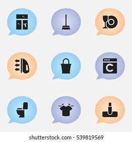Set Of 9 Editable Cleanup Icons. Includes Symbols Such As Laundress, Plate, Hoover And More. Can Be Used For Web, Mobile, UI And Infographic Design.