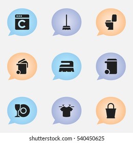 Set Of 9 Editable Cleanup Icons. Includes Symbols Such As Laundress, Container, Pail And More. Can Be Used For Web, Mobile, UI And Infographic Design.