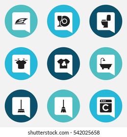 Set Of 9 Editable Cleanup Icons. Includes Symbols Such As Whisk, Plate, Broomstick And More. Can Be Used For Web, Mobile, UI And Infographic Design.