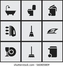 Set Of 9 Editable Cleanup Icons. Includes Symbols Such As Plate, Dustbin, Whisk And More. Can Be Used For Web, Mobile, UI And Infographic Design.
