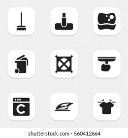 Set Of 9 Editable Cleanup Icons. Includes Symbols Such As Appliance, Whisk, Washing Tool And More. Can Be Used For Web, Mobile, UI And Infographic Design.