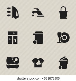 Set Of 9 Editable Cleanup Icons. Includes Symbols Such As Plate, Faucet, Container And More. Can Be Used For Web, Mobile, UI And Infographic Design.