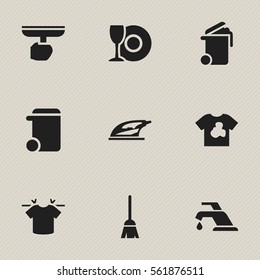 Set Of 9 Editable Cleanup Icons. Includes Symbols Such As Plate, Clean T-Shirt, Faucet And More. Can Be Used For Web, Mobile, UI And Infographic Design.