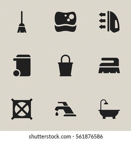 Set Of 9 Editable Cleanup Icons. Includes Symbols Such As Washing Tool, Faucet, No Laundry And More. Can Be Used For Web, Mobile, UI And Infographic Design.