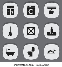 Set Of 9 Editable Cleanup Icons. Includes Symbols Such As Washing Glass, Brush, Laundress And More. Can Be Used For Web, Mobile, UI And Infographic Design.