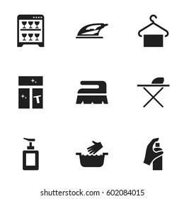 Set Of 9 Editable Cleanup Icons. Includes Symbols Such As Dishwasher, Clothes Washing, Sweep And More. Can Be Used For Web, Mobile, UI And Infographic Design.