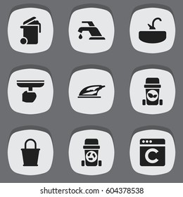 Set Of 9 Editable Cleanup Icons. Includes Symbols Such As Rubbish Container, Faucet, Trash Bin And More. Can Be Used For Web, Mobile, UI And Infographic Design.