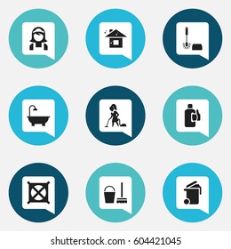 Set Of 9 Editable Cleanup Icons. Includes Symbols Such As Container, Pure Home, Wc Cleaning And More. Can Be Used For Web, Mobile, UI And Infographic Design.