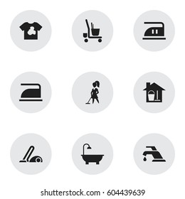 Set Of 9 Editable Cleanup Icons. Includes Symbols Such As Ironing, Tidy, Bucket With Mop And More. Can Be Used For Web, Mobile, UI And Infographic Design.