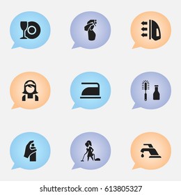Set Of 9 Editable Cleanup Icons. Includes Symbols Such As Home Spray, Cleanser, Ironing And More. Can Be Used For Web, Mobile, UI And Infographic Design.