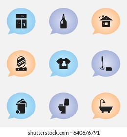 Set Of 9 Editable Cleanup Icons. Includes Symbols Such As Container, Bathroom, Laundry Detergent And More. Can Be Used For Web, Mobile, UI And Infographic Design.