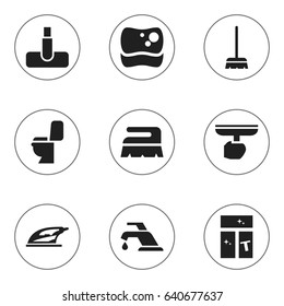 Set Of 9 Editable Cleanup Icons. Includes Symbols Such As Restroom, Washing Tool, Faucet And More. Can Be Used For Web, Mobile, UI And Infographic Design.