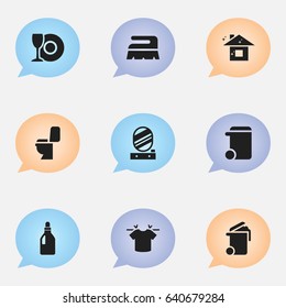 Set Of 9 Editable Cleanup Icons. Includes Symbols Such As Sweep, Container, Laundry Detergent And More. Can Be Used For Web, Mobile, UI And Infographic Design.