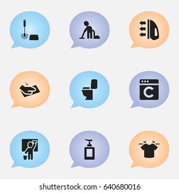 Set Of 9 Editable Cleanup Icons. Includes Symbols Such As Restroom, Steam, Towel And More. Can Be Used For Web, Mobile, UI And Infographic Design.