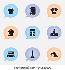 Set Of 9 Editable Cleanup Icons. Includes Symbols Such As Container, Whisk, Hoover And More. Can Be Used For Web, Mobile, UI And Infographic Design.