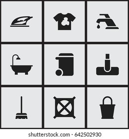 Set Of 9 Editable Cleanup Icons. Includes Symbols Such As Unclean Blouse, Appliance, Dustbin And More. Can Be Used For Web, Mobile, UI And Infographic Design.