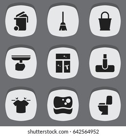 Set Of 9 Editable Cleanup Icons. Includes Symbols Such As Restroom, Clean T-Shirt, Brush And More. Can Be Used For Web, Mobile, UI And Infographic Design.