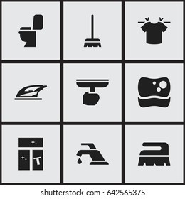 Set Of 9 Editable Cleanup Icons. Includes Symbols Such As Appliance, Restroom, Clean T-Shirt And More. Can Be Used For Web, Mobile, UI And Infographic Design.