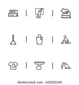 Set Of 9 Editable Cleanup Icons. Includes Symbols Such As Window Cleaner, Brush, Plunger And More. Can Be Used For Web, Mobile, UI And Infographic Design.