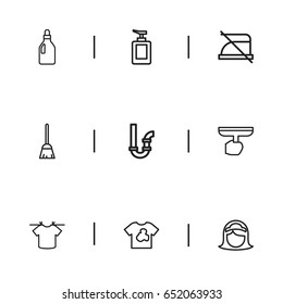 Set Of 9 Editable Cleanup Icons. Includes Symbols Such As Fluid Soap, Dust, Do Not Iron And More. Can Be Used For Web, Mobile, UI And Infographic Design.
