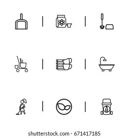 Set Of 9 Editable Cleanup Icons. Includes Symbols Such As Scoop, Toilet Brush, Tidy And More. Can Be Used For Web, Mobile, UI And Infographic Design.