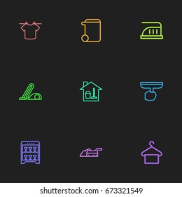 Set Of 9 Editable Cleanup Icons. Includes Symbols Such As Hanging Rope, Sweeping, Suspender And More. Can Be Used For Web, Mobile, UI And Infographic Design.