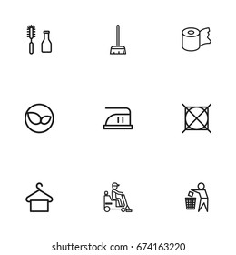 Set Of 9 Editable Cleanup Icons. Includes Symbols Such As Besom, Trash Bin, Tools And More. Can Be Used For Web, Mobile, UI And Infographic Design.