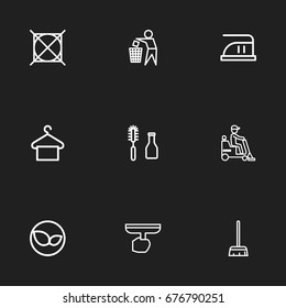 Set Of 9 Editable Cleanup Icons. Includes Symbols Such As Besom, Trash Bin, Leaves And More. Can Be Used For Web, Mobile, UI And Infographic Design.
