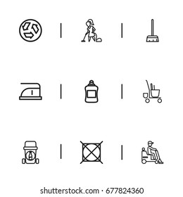 Set Of 9 Editable Cleanup Icons. Includes Symbols Such As Trolley, Bottle Recycling, Attention And More. Can Be Used For Web, Mobile, UI And Infographic Design.